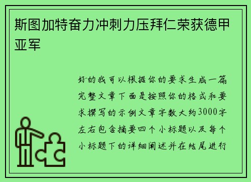 斯图加特奋力冲刺力压拜仁荣获德甲亚军