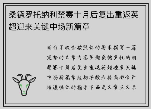 桑德罗托纳利禁赛十月后复出重返英超迎来关键中场新篇章